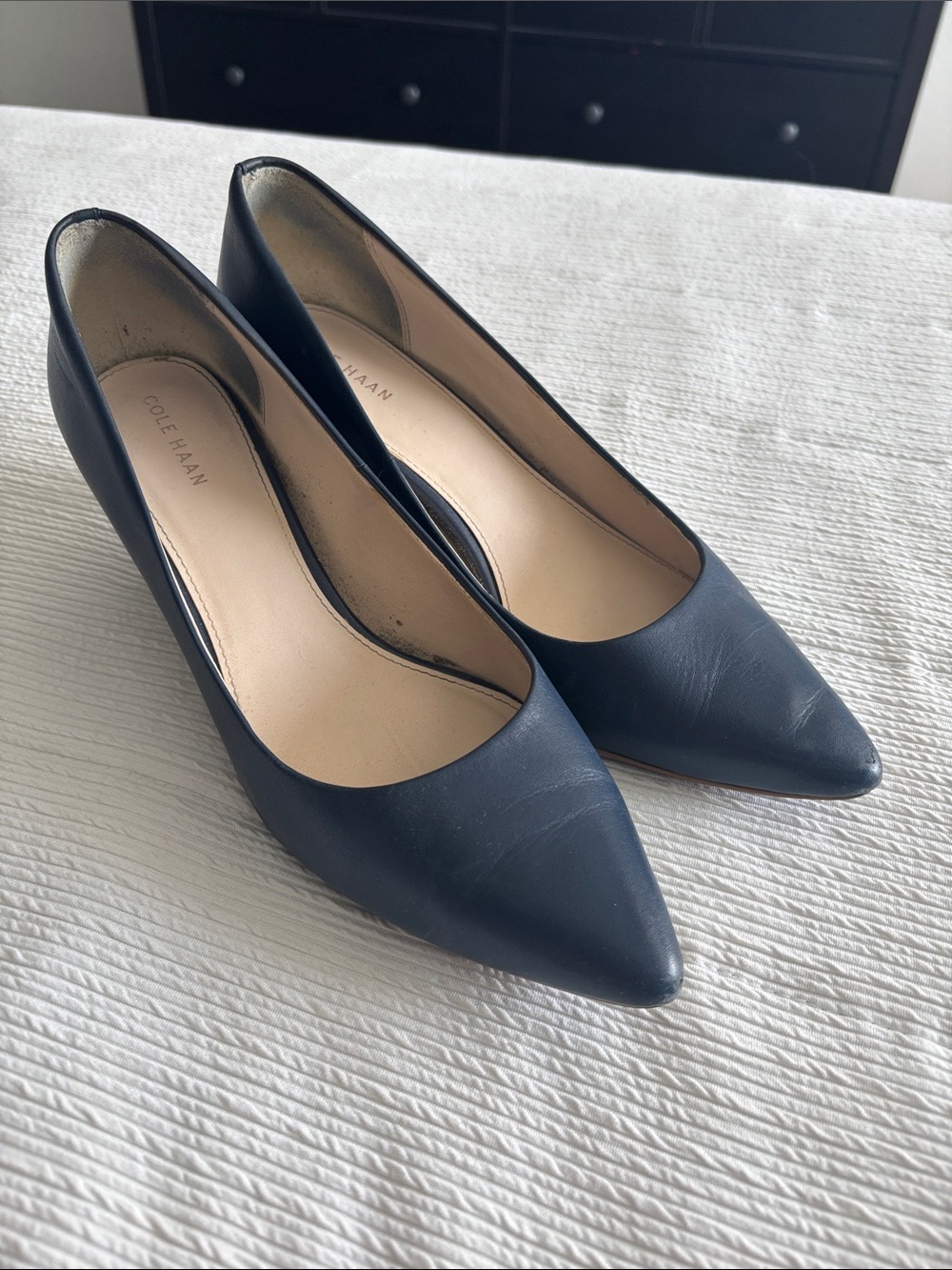 Cole Haan Navy Pointed Toe Leather Pumps - Classic Dark Blue
